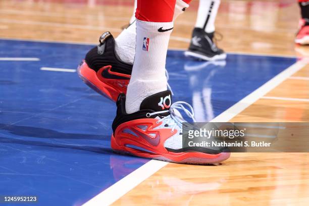The sneakers worn by Kevin Durant of the Brooklyn Nets during the game against the San Antonio Spurs on January 2, 2023 at Barclays Center in...