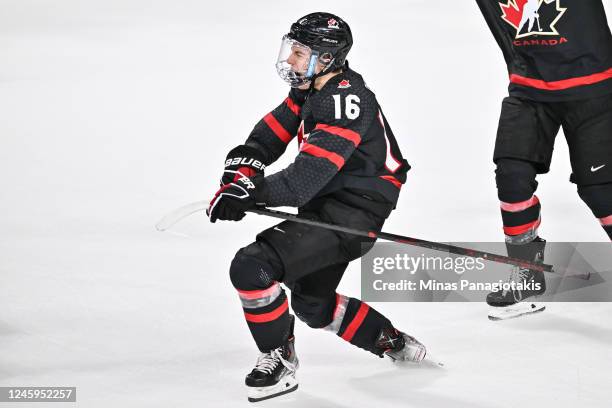 Connor Bedard of Team Canada celebrates his game-winning goal against Team Slovakia during overtime in the quarterfinals of the 2023 IIHF World...