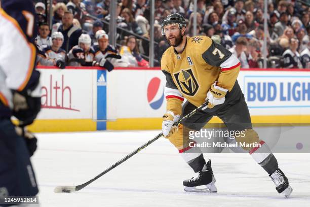 Alex Pietrangelo of the Vegas Golden Knights skates against the Colorado Avalanche at Ball Arena on January 2, 2023 in Denver, Colorado.