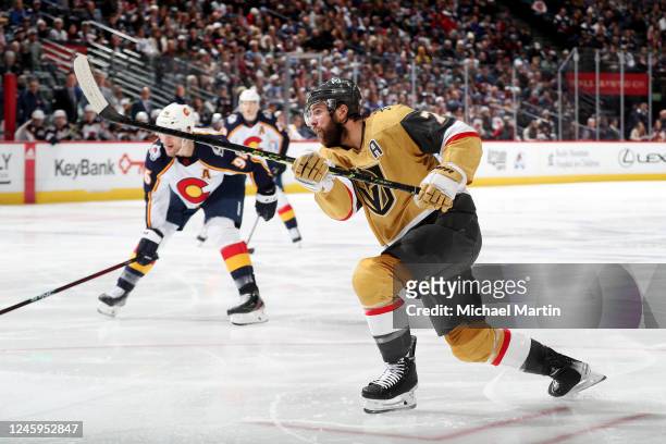 Alex Pietrangelo of the Vegas Golden Knights takes a shot against the Colorado Avalanche at Ball Arena on January 2, 2023 in Denver, Colorado.