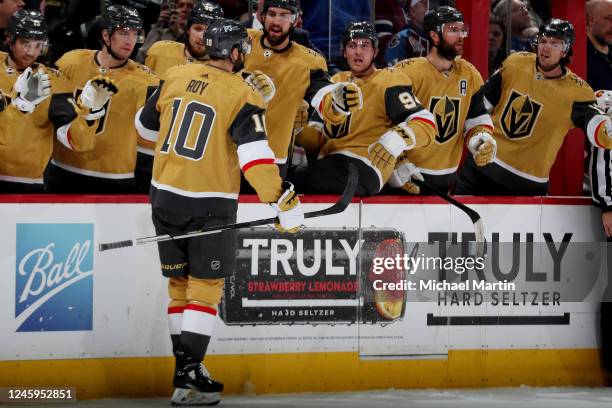 Nicolas Roy of the Vegas Golden Knights celebrates a goal against the Colorado Avalanche at Ball Arena on January 2, 2023 in Denver, Colorado.