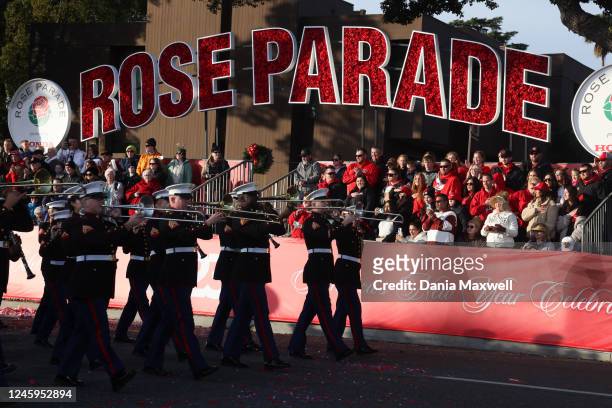 Pasadena, CA The Camp Pendleton band plays during the Tournament of Roses Parade on Orange Grove Blvd. On Monday, Jan. 2, 2023 in Pasadena, CA.