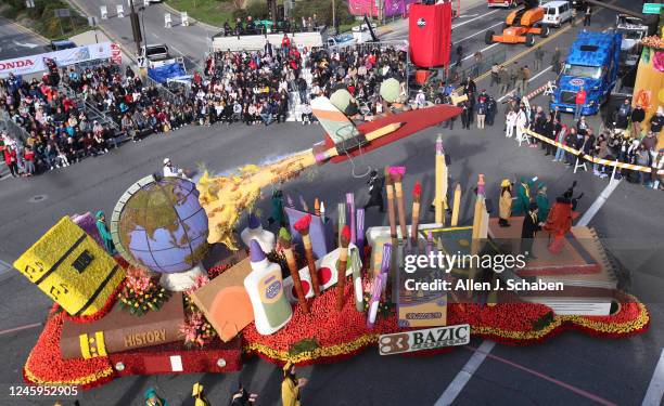 Pasadena, CA A view of the Bazic Products float, which won the Crown City Innovator award, during the 2023 Tournament of Roses Parade on Orange Grove...