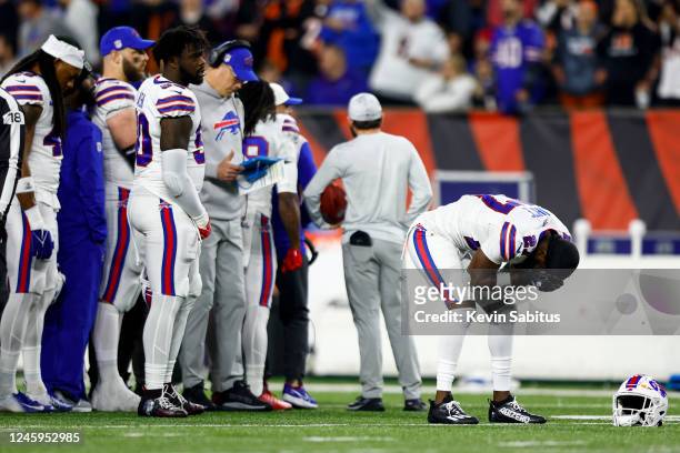 TreDavious White of the Buffalo Bills reacts to an injury sustained by Damar Hamlin during the first quarter of an NFL football game against the...