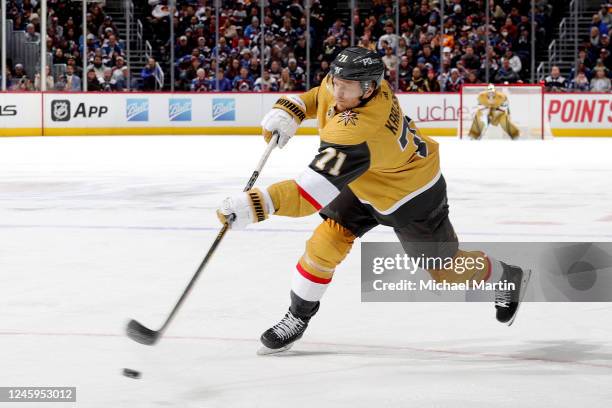 William Karlsson of the Vegas Golden Knights takes a shot against the Colorado Avalanche at Ball Arena on January 2, 2023 in Denver, Colorado.