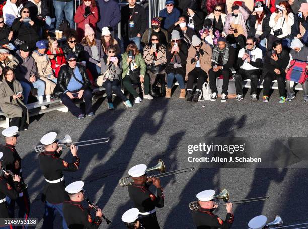 Pasadena, CA The United States Marine Corps West Coast Composite Band from Camp Pendleton marches down Orange Grove Blvd. In the 2023 Tournament of...