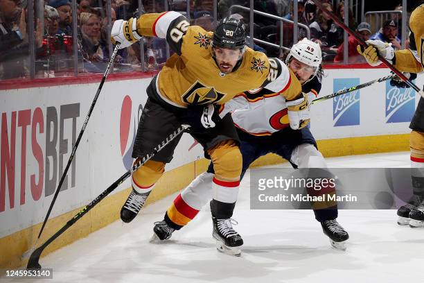 Chandler Stephenson of the Vegas Golden Knights skates against Samuel Girard of the Colorado Avalanche at Ball Arena on January 2, 2023 in Denver,...