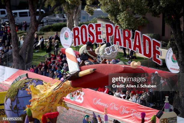 Pasadena, CA A view of the Bazic Products float, which won the Crown City Innovator award, during the 2023 Tournament of Roses Parade on Orange Grove...