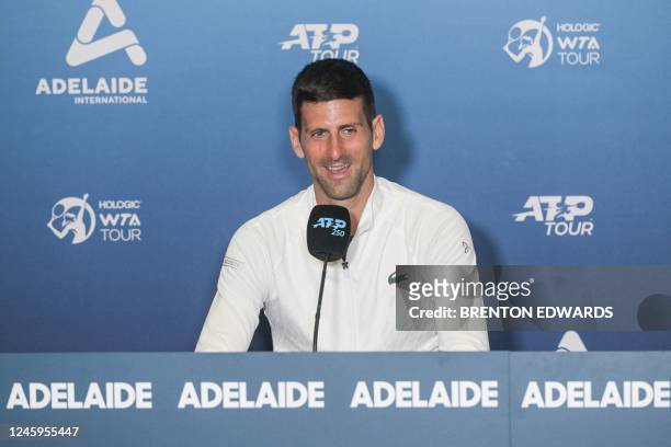 Serbian tennis player Novak Djokovic attends a press conference after winning his first round match against France's Constant Lestienne at the ATP...