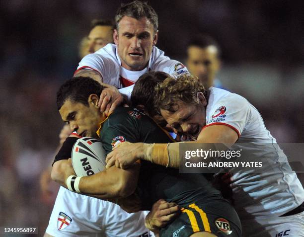 England's Ben Westwood tackles Australia's Jharal Yow Yeh during the Four Nations Final rugby league Test match between England and Australia at...