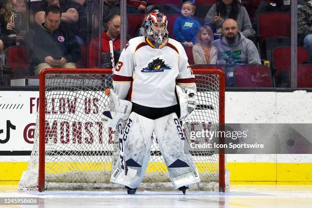 Cleveland Monsters goalie Jet Greaves on the ice during the second period of the American Hockey League game between the Charlotte Checkers and...