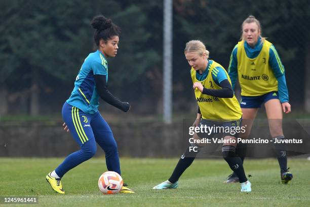 Evelina Duljan and Matilde Lundorf Skovsen of Juventus Women during a training session at Juventus Center Vinovo on January 3, 2023 in Vinovo, Italy.