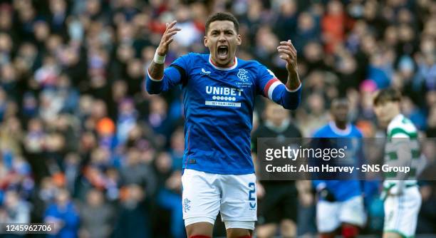 James Tavernier celebrates as he puts Rangers 2-1 up during a cinch Premiership match between Rangers and Celtic at Ibrox Stadium, on January 02 in...