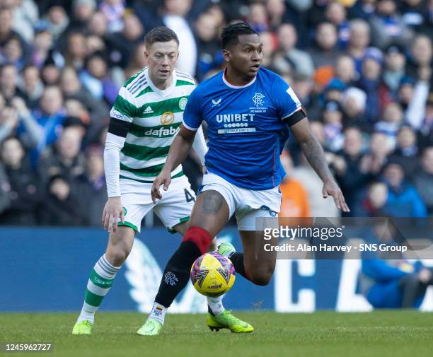 Rangers' Alfredo Morelos tackles Celtic's Callum McGregor during a cinch Premiership match between Rangers and Celtic at Ibrox Stadium, on January 02...