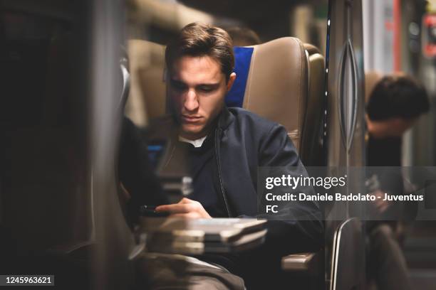 Federico Chiesa of Juventus during the travel by train to Cremona on January 3, 2023 in Cremona, Italy.