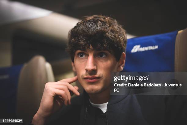 Tommaso Barbieri of Juventus during the travel by train to Cremona on January 3, 2023 in Cremona, Italy.