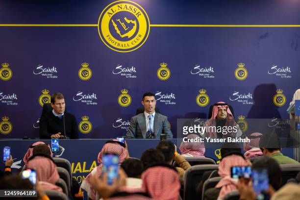 Al Nassr manager, Rudi Garcia, Cristiano Ronaldo and President of Al-Nassr Musalli Al-Muammar attend a press conference during the official unveiling...