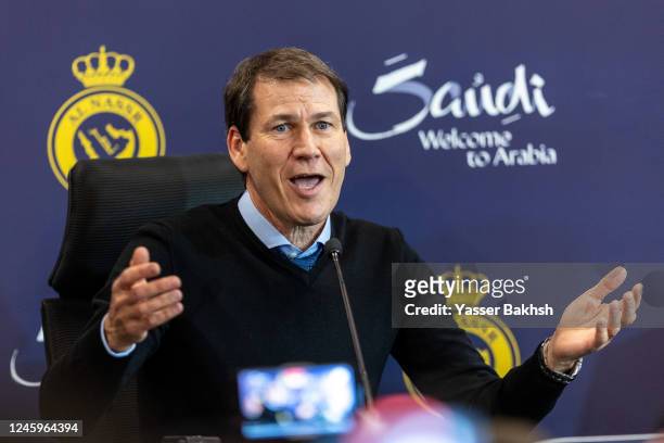 Al Nassr manager, Rudi Garcia attends a press conference during the official unveiling of Cristiano Ronaldo as an Al Nassr player at Mrsool Park...