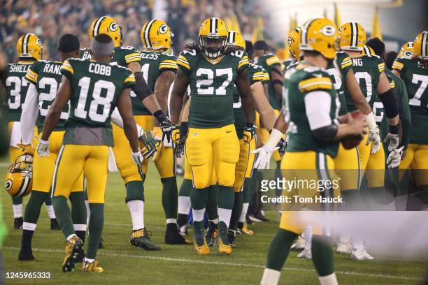 Green Bay Packers running back Eddie Lacy walks down field with team during an NFL football game between the Green Bay Packers and the Seattle...