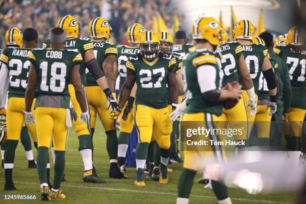 Green Bay Packers running back Eddie Lacy walks down field with team during an NFL football game between the Green Bay Packers and the Seattle...