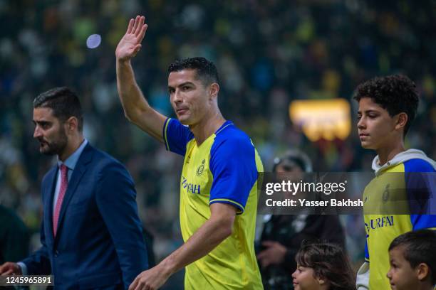 Al-Nassr's new forward Cristiano Ronaldo greets the fans during his unveiling at the Mrsool Park Stadium on January 3, 2023 in Riyadh, Saudi Arabia.