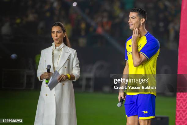 Al-Nassr's new forward Cristiano Ronaldo greets the fans during his unveiling at the Mrsool Park Stadium on January 3, 2023 in Riyadh, Saudi Arabia.