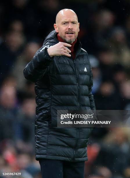 Manchester United's Dutch manager Erik ten Hag reacts during the English Premier League football match between Manchester United and Bournemouth at...