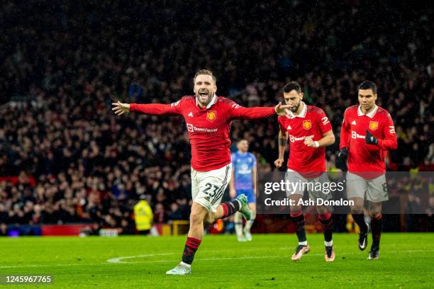 Luke Shaw of Manchester United celebrates scoring a goal to make the score 2-0 during the Premier League match between Manchester United and AFC...