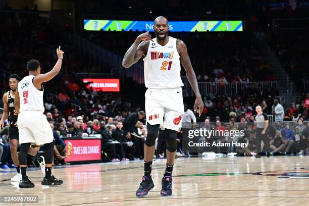 Dewayne Dedmon of the Miami Heat celebrates during the game against the Atlanta Hawks on November 27, 2022 at State Farm Arena in Atlanta, Georgia....