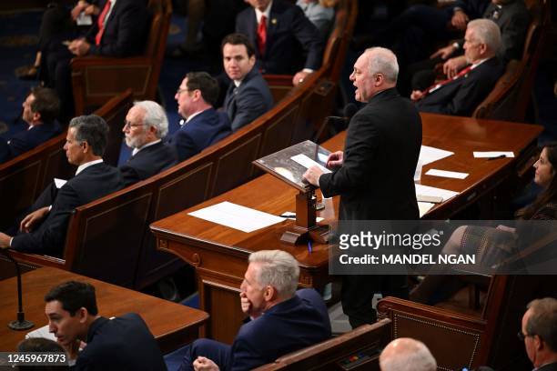 Republican Representative from Louisiana Steve Scalise speaks as the US House of Representatives convenes for the 118th Congress at the US Capitol in...