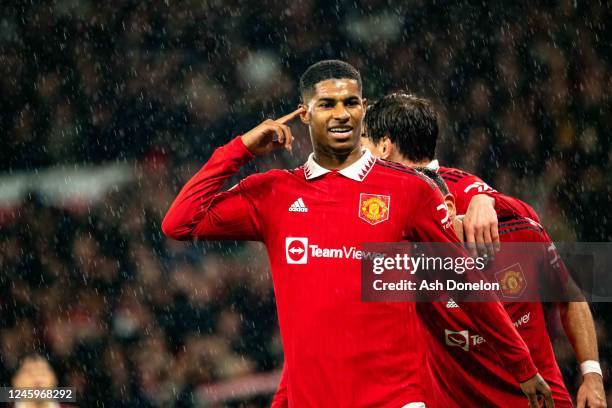 Marcus Rashford of Manchester United celebrates scoring a goal to make the score 3-0 during the Premier League match between Manchester United and...