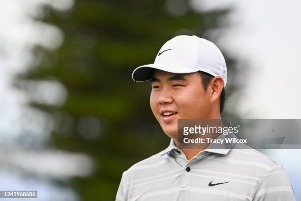 Tom Kim of South Korea smiles while on the putting green prior to the Sentry Tournament of Champions on The Plantation Course at Kapalua on January...