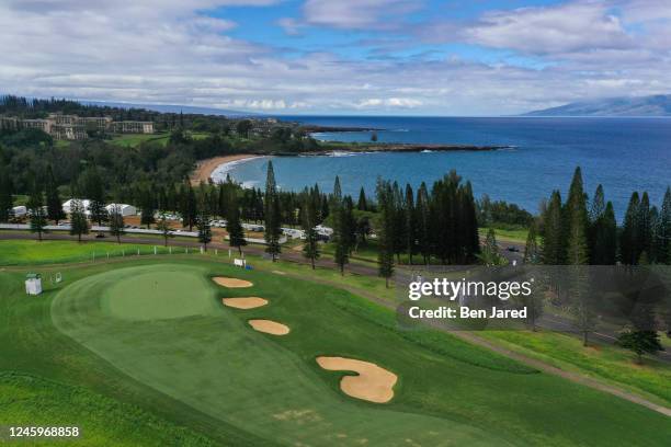 Aerial view of the second hole prior to the Sentry Tournament of Champions on The Plantation Course at Kapalua on January 3, 2023 in Kapalua, Maui,...