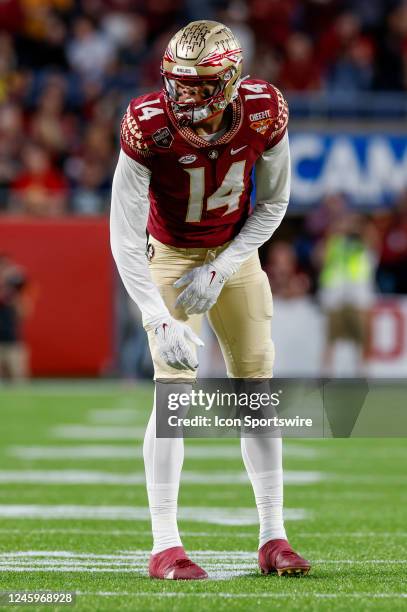 Florida State Seminoles wide receiver Johnny Wilson lines up for a play during the Cheez-It Bowl between the Florida State Seminoles and Oklahoma...