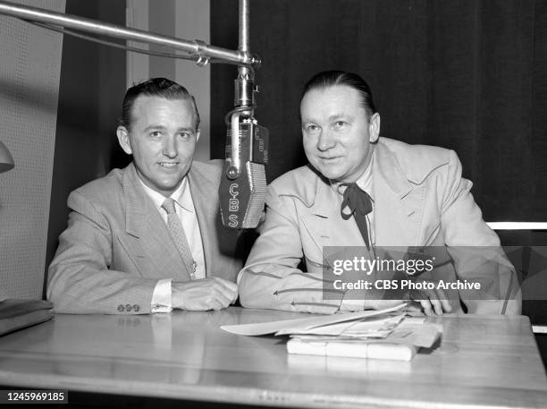 The Jimmy Wakely Show. A KNX / CBS Radio country music program. Left to right, Jimmy Wakely and guest Tex Ritter. March 23, 1953.
