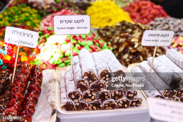 Turkish Delight sweets at Carmel Market in Tel Aviv, Israel on December 30, 2022.