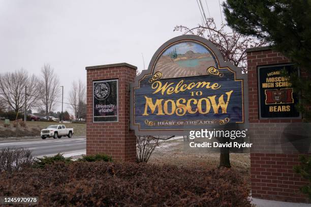 Sign welcomes visitors to Moscow, the site of a recent quadruple murder on January 3, 2023 in Moscow, Idaho. A suspect has been arrested for the...