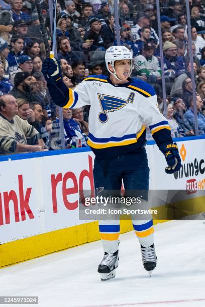 St. Louis Blues Winger Brayden Schenn celebrates his goal during the first period of the NHL regular season game between the St. Louis Blues and the...