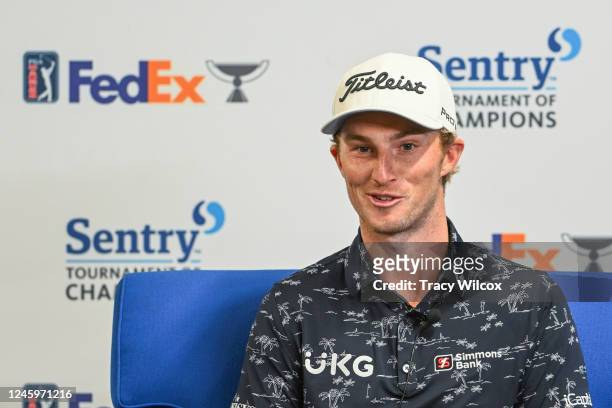 Will Zalatoris talks to the media prior to the Sentry Tournament of Champions on The Plantation Course at Kapalua on January 3, 2023 in Kapalua,...