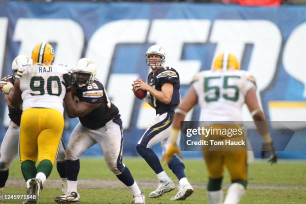 Phillip Rivers of the San Diego Chargers drops back to pass against the Green Bay Packers on November 6, 2011 at Qualcomm Stadium in San Diego,...