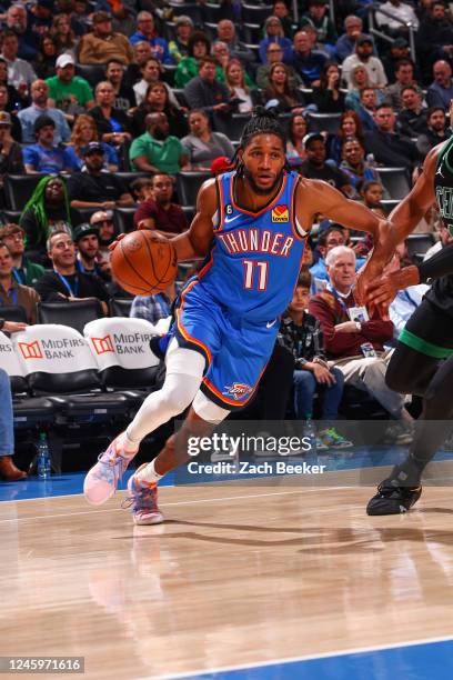 Isaiah Joe of the Oklahoma City Thunder drives to the basket during the game against the Boston Celtics on January 3, 2023 at Paycom Arena in...