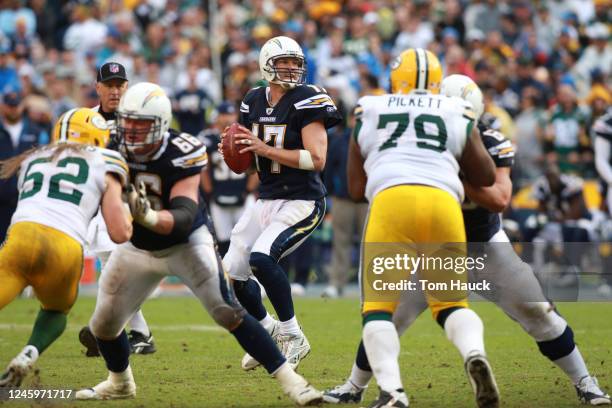 Phillip Rivers of the San Diego Chargers drops back to pass against the Green Bay Packers on November 6, 2011 at Qualcomm Stadium in San Diego,...