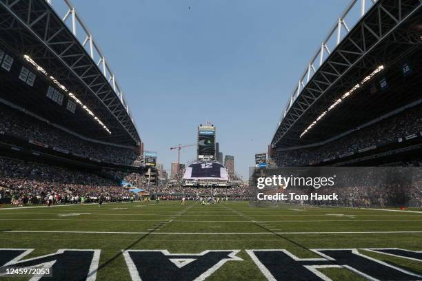 The Seattle Seahawks display a gigantic Seahawks 12th Man Jersey at Century Link Field before their NFL game against the Dallas Cowboys in Seattle,...