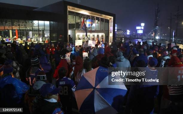 Buffalo Bills fans attend a candlelight prayer vigil for player Damar Hamlin at Highmark Stadium on January 3, 2023 in Orchard Park, New York. Hamlin...