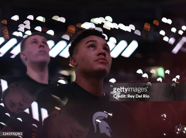 Nick Sanders of the Michigan State Spartans looks on during player introductions before a game against the Nebraska Cornhuskers at Breslin Center on...