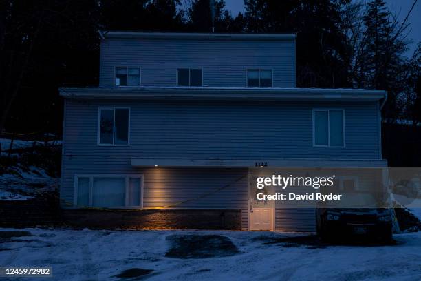 Lights illuminate police tape on a home where a quadruple murder took place on January 3, 2023 in Moscow, Idaho. A suspect has been arrested for the...