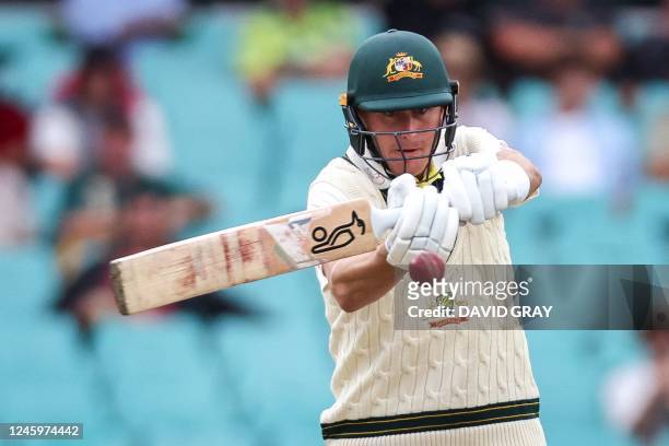 Australias Marnus Labuschagne plays a shot during day one of the third cricket Test match between Australia and South Africa at the Sydney Cricket...