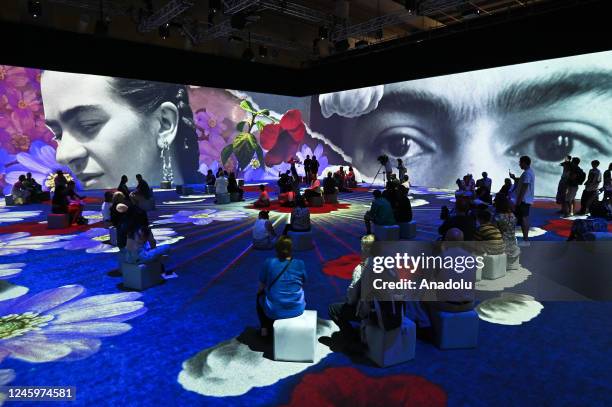 People watch projections during a media preview for exhibition, Frida Kahlo: The Life of an Icon, as part of Sydney Festival, at the Cutaway in...