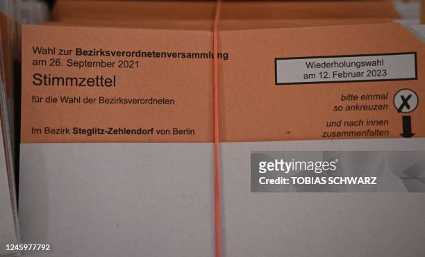 Ballot papers are pictured as preparations are under way for repeated elections, on January 4, 2023 in Berlin. - Repeated Berlin State elections will...