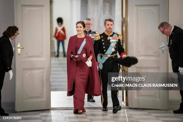 Crown Princess Mary of Denmark and Crown Prince Frederik of Denmark arrive at the New Year's reception for officers from the Armed Forces and the...